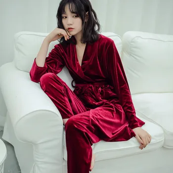 Altın Kadife Pijama Pijama İlkbahar Ve Sonbahar Kadife Elbise Takım Elbise Ev Giyim Kore Versiyonu Güzel Uzatılmış Yenilik Giyim