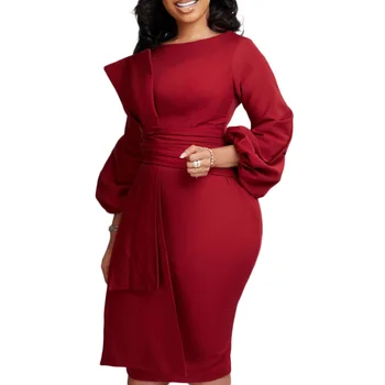 Bodycon Noel Elbise Kadınlar için Afrika Elbiseler 2023 Günlük Zarif Vestido Yüksek Bel Fener Kollu Robe Femme Afrika Giysi