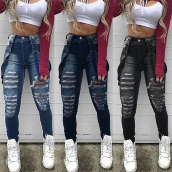 Yeni Sokak Hipster Pantolon Denim Önlük Yüksek Bel Yırtık Kot Kadın