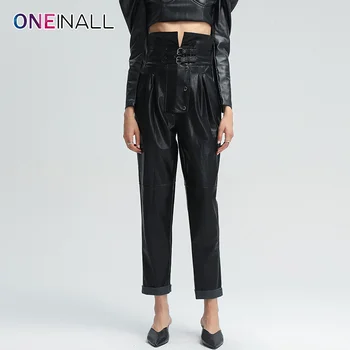 ONEINALL Rahat Siyah Kat Pilili harem pantolon Kadınlar İçin Yüksek Bel Patchwork Kemer Düğmeleri İnce Pantolon Kadın 2021 Giyim Tarzı