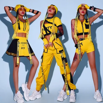 2022 Hip Hop Caz Dans Kostümleri Sarı Dansçı Kıyafeti Kadın Gogo Dansçı Kostüm Amigo Kutup Dans Seksi Dj Kostüm