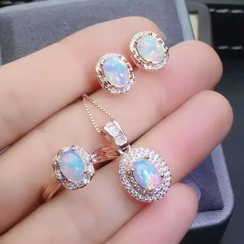 Opal Seti Doğal Opal takı seti Doğal Gerçek Opal 925 ayar gümüş 1 adet kolye, 1 adet yüzük,2 adet Küpe