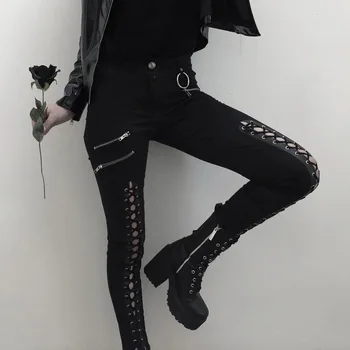 Gotik Punk kalem pantolon Kadınlar Seksi Harajuku Fermuar Lace up Sıska Siyah Pantolon Femme Streetwear Vintage Uzun Pantolon Kapriler