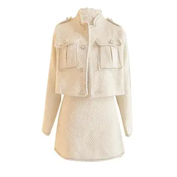 BELKİ U Kadınlar Vintage Tüvit Balıksırtı Elmas Ceket + Yüksek Bel A-Line Etek İki Parçalı Takım Elbise Bayanlar Blazer ve Etek Takım Elbise T3013
