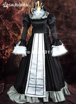 Satılık Siyah Gotik Victorian Lolita Giydir Kadınlar Kat Uzunluk İç Savaşı Ortaçağ Rönesans Elbise Cadılar Bayramı Partisi Kostüm