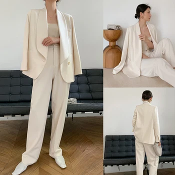 Zarif Kadın Blazer Şal Yaka V Boyun Yüksek Kaliteli Beyaz Takım Elbise Gevşek Ofis Bayan Moda Günlük Rahat Parti Giyim Ceket