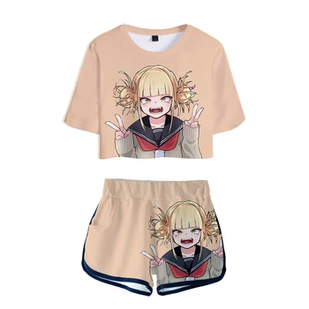 3D Komik My Hero Academia kadın İki Parçalı Setleri Yeni Maruz Göbek t shirt ve Şort Rahat Yaz Kız Karikatür Pembe Takım Elbise