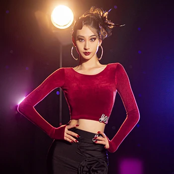 Kış Latin Dans Elbise Kadın Kadife Backless uzun kollu üstler Cha Cha Rumba Dans Uygulama Giyim Siyah Kırmızı Bluz BL9812