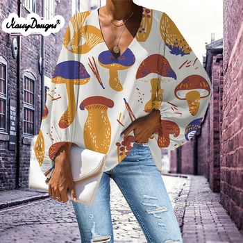 Noisydesigns Mantar Desen 4XL Vintage Şifon Gömlek Bayan Üstleri Yeni Yaz Kollu Yaka Gömlek Dropshipping