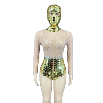 Altın Sequins Tulum Seksi Perspektif Maskeli Bodysuit Kadın Parti Doğum Günü Kıyafet Şarkıcı Dans Sahne Gösterisi Uzun Kollu Tulum