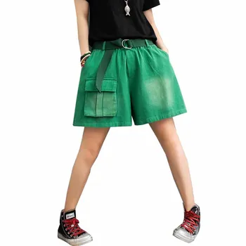 Yaz Kot Şort Kadın Cepler Yüksek Bel Geniş Bacak Şort Yeşil Sarı Kırmızı Mor Şort Kot Kemer Kadın Streetwear