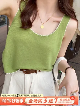 Yeşil yelek kadın yaz gevşek dış giyim tasarım duygusu azınlık beyaz örme askı geniş omuz dantel üst