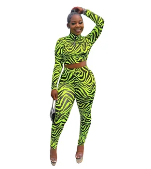 Sonbahar Bahar kadın Moda Zebra Çizgili İki Parçalı Setleri Tam Kollu Mahsul Tops Elastik Bel Bodycon pantolon Kulübü Sokak Kıyafetleri