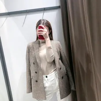 Kadın Moda Bağbozumu Rahat Ekose Blazer Kruvaze Ofis Bayan Ceket Ceket Çentikli Yaka Uzun Kollu Takım Elbise