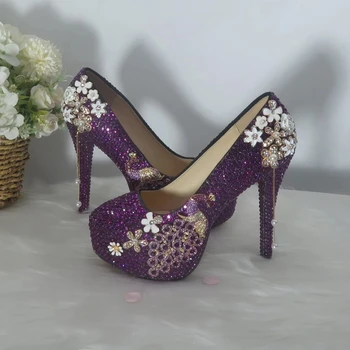 Mor Kristal Parti Elbise Ayakkabı Kadın Tavuskuşu Düğün Ayakkabı Gelin 11 cm Süper Yüksek Topuklu Platformu Bayanlar Çiçek Yuvarlak Ayak Pompaları