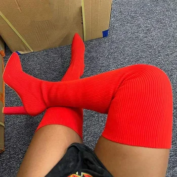 ENMAYLA Streç Örgü Mil Daracık Kadınlar Diz Üzerinde Yüksek Çizmeler Blok Topuklu Uyluk Yüksek Uzun Patik Seksi Sivri Burun ayakkabı