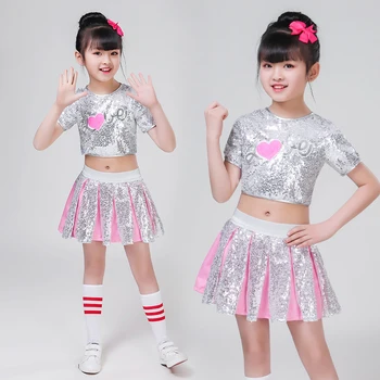 Çocuk Kız Hip Hop Dans Balo Salonu Caz Dans Kostümleri Sequins Dans Performansı Caz Kostüm Kızlar için Üst + Etek