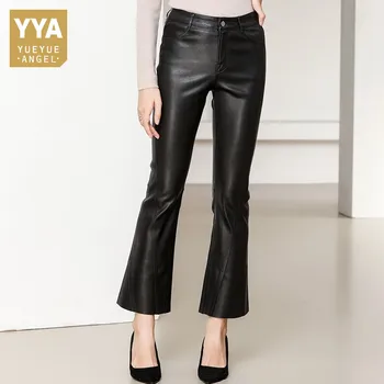 Elastik Gerçek Deri Flare Pantolon Kadın Kore İnce Düz Koyun Derisi Şal Pantolon Lüks Marka Ön Bölünmüş Ofis bayan pantolonları