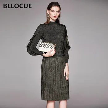 BLLOCUE Pist Örme 2 Parça Set Kadın 2019 Sonbahar Kış Ruffles Uzun Kollu Kazak Tops + Pilili Parlak Ipek midi Etek Takım Elbise