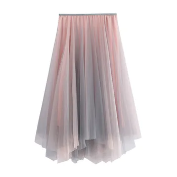 2021 Yaz Kadın Tutu Etek Katı Asimetrik A-line Yüksek Bel Pilili Örgü dans eteği Kadın Zarif Tül Elastik Elbise