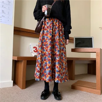 Sannian Kadın A-line Yarım uzunlukta Etek İlkbahar Ve Sonbahar Yeni Bayanlar Yüksek Bel Zayıflama Kadife Baskı Orta uzunlukta Etek Elbise