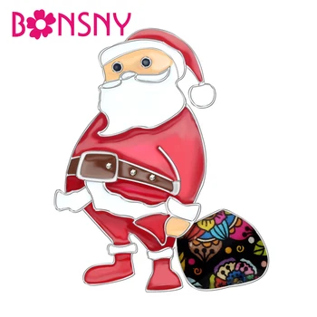 Bonsny Emaye Alaşım Noel Karikatür Noel Baba hediye çantası Broş Eşarp Elbise Pin Takı Kadın Kızlar Gençler Için Bijoux Charm