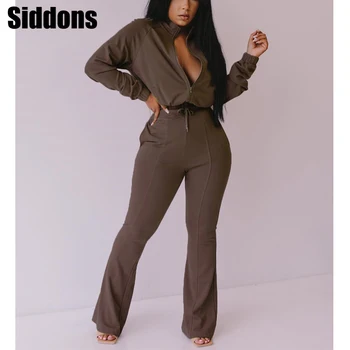 Kadın İki Parçalı Katı Düz Fermuar Tasarım Ceket ve İpli pantolon seti Şık Takım Elbise Setleri Kadın Sweatpants Seti
