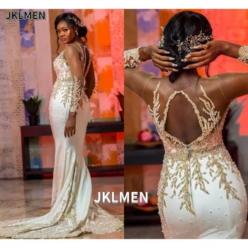 Seksi Altın Dantel Aplikler Boncuk Mermaid düğün elbisesi Illusion Kollu Fermuar Geri Düğün Koruma Elbise Custom Made