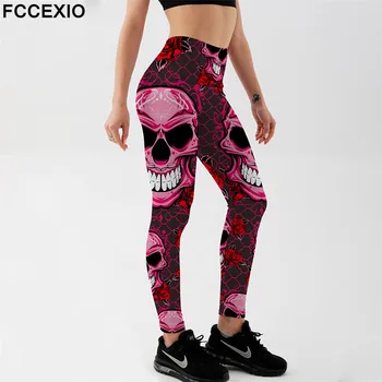 FCCEXIO Klasik Kafatası Baskı Kadınlar Yüksek Bel Pantolon Moda Spor Ince Yumuşak Streç Tayt Seksi Run