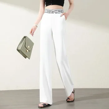 Kadın Elastik Bel Geniş Bacak Beyaz Pantolon Bahar Sonbahar Moda Kadın Gevşek Rahat Yüksek Bel Şifon Pantolon Bayanlar Pantolon
