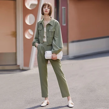 AEL Safari tarzı kadın sonbahar İki Parçalı Ayırır 2019 yeni Klasik Retro sokak giyim gevşek rahat ceket ve ince kalem pantolon