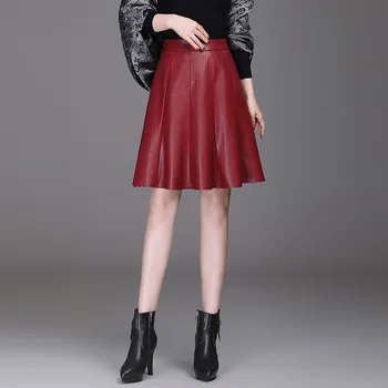 Kadın Moda Fermuar Yüksek Bel Ince Rahat PU Deri Kısa Pilili Etek Sonbahar Kış Ofis Bayan Zarif Kırmızı Siyah Etekler