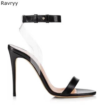 Moda PVC sandalet yaz siyah kadın yüksek topuklu burnu açık seksi pompalar ayak bileği toka bayan elbise ayakkabı ınce topuk stiletto