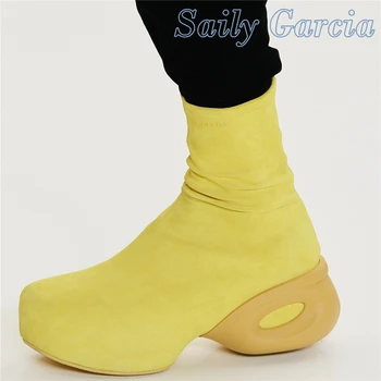 Parlak Sarı Rahat Elastik Çizmeler Orta Tüp Yuvarlak Ayak Yüksek Topuklu Ayak Bileği 2022 Sonbahar ve Kış Yeni Düz Tabanlı rahat ayakkabılar