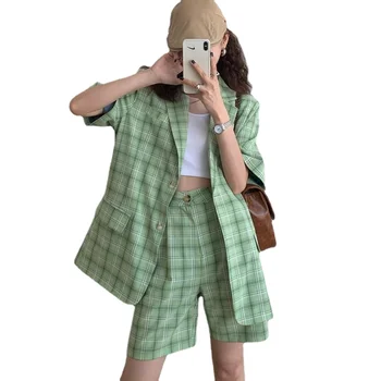 Yüksek Kaliteli Yeşil Ekose Blazers Takım Elbise Kadın Yaz İnce Kore Moda Gevşek Blazer + Geniş Bacak Şort Setleri Kadın Y2K Yeni 2021