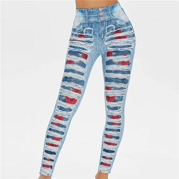 Kadın Moda 3D Jean Baskı Tayt uzun pantolon Yüksek Bel Rahat fitness pantolonları Elastik Bel dar pantolon Yeni Pantolon