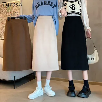 Kadın Sonbahar Kış Etekler Bir Çizgi Tüm Maç Yüksek Bel Orta Buzağı İnce Şık Moda Vintage Kore Tarzı Faldas Şık İhale