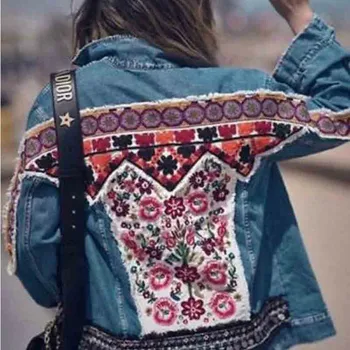 Nakış Denim Ceket Kadın 2019 Sonbahar Kış Süslenmiş Çingene Ceketler Ceket Kadın Etnik Hippie Chic Bayan Dış Giyim