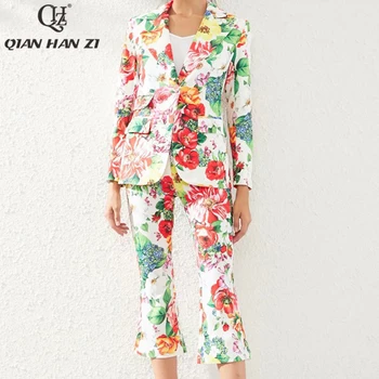 Qian Han Zi Kış Tasarımcı Moda Sonbahar iki Parçalı Set Takım Elbise yaka uzun kollu tek düğme ceket + vintage Çiçek baskı pantolon seti