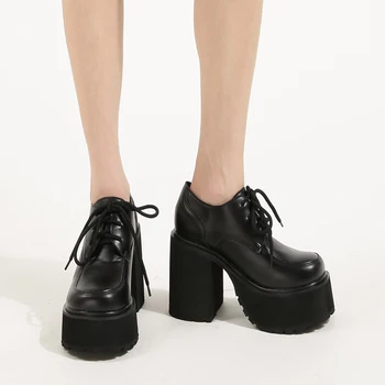 10 cm Kadın Yüksek Topuklu Bahar Tıknaz platform ayakkabılar Retro Lolita Ayakkabı Siyah Kalın Topuklu yarım çizmeler Boyutu 43 Rahat Sürüngen