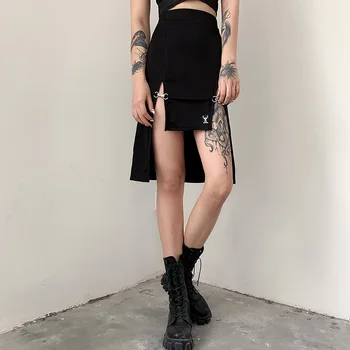 Gotik Baskı Yüksek Bel Etek Kadın Patchwork Mektup Bölünmüş Seksi Etekler Kadın Zarif Uzun Etek Kore Streetwear Kıyafetler Kulübü