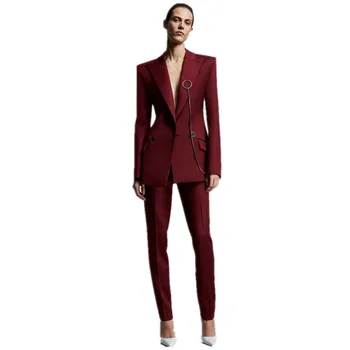 Şarap Kırmızı Ceket + Pantolon kadın iş elbisesi Ofis Üniforma Tasarımları Kadınlar Zarif Resmi Bayanlar Pantolon Takım Elbise 2 Parça Setleri Özel