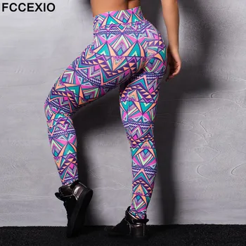 FCCEXIO Mor Aztek 3D Baskı kadın pantolonları Push Up Koşu Spor Tayt ince pantolon Kadın günlük pantolon Spor Tayt