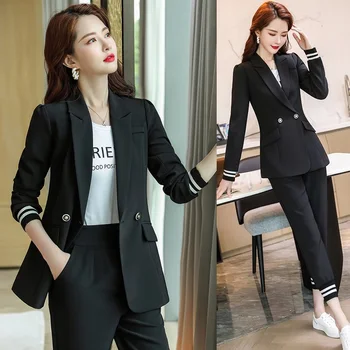 Yeni 2021 Siyah Blazer Kadın iş elbisesi Pantolon ve Ceketler Setleri Ofis Bayanlar İş Üniforması OL Stilleri