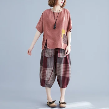 Hindistan Halk Kadın Setleri 2022 Yaz Vintage Pamuk Cep Patchwork T - shirt ve Harem Ayak Bileği Çizgili pantolon Kadın Pantolon Takım Elbise