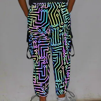 Yansıtıcı Kargo Pantolon kadın Çok cep Hip Hop Pantolon Devre Desen Kadın Orta Bel Gevşek Renkli Pantolon Streetwear