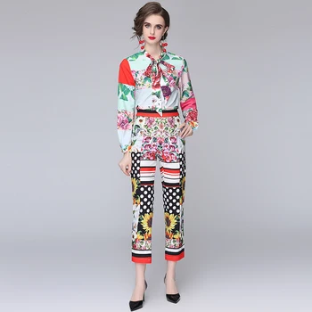 2021 Yeni Moda Pist Yaz Çiçek Baskı Takım Elbise kadın Yay Yaka Gömlek Tops + Ayçiçeği Nokta kalem pantolon 2 Parça Set