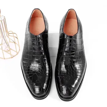 Iş Tarzı Otantik Timsah Göbek Cilt erkek Dantel-up Elbise Ayakkabı Hakiki Egzotik Timsah Deri Erkek Siyah Oxford Ayakkabı