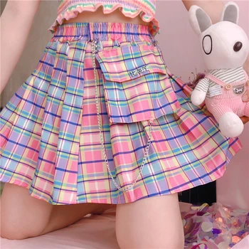 Kadın Kawaii Yüksek Bel A-line Pileli Mini Etekler Gökkuşağı Kore Japon okul üniforması Harajuku Ekose Etekler