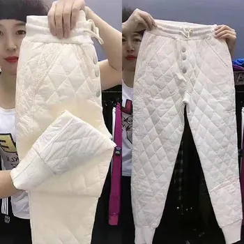 2021 kış kadın kalınlaşmak elastik yüksek bel uzun harem pantolon rahat cepler pamuk yastık